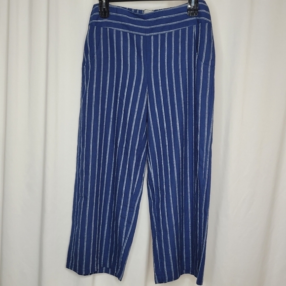Habitat Linen Blend Blue White Striped Wide Leg Cropped Pull-On Pants - Size M - Picture 1 of 11